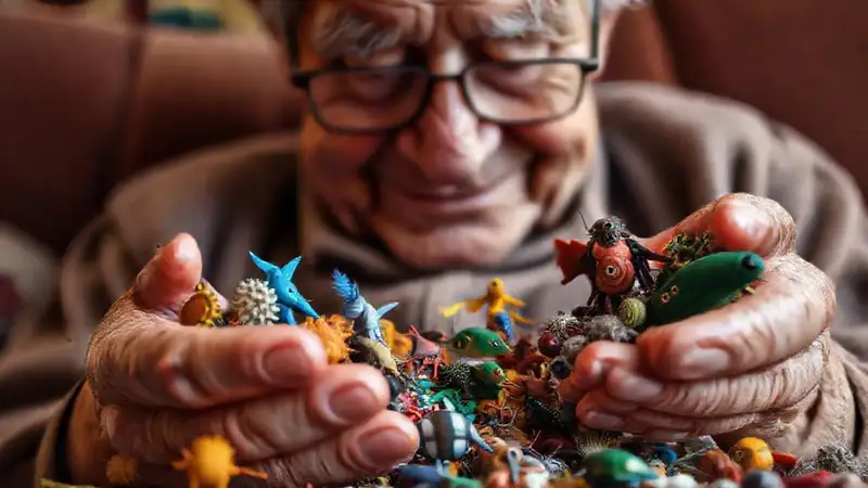 Manos ancianas disfrutan juguetes coloridos y suaves