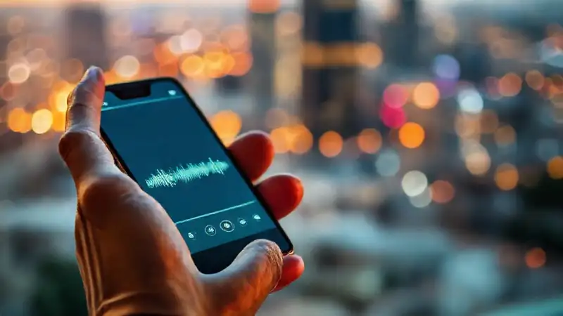 Manos, audiolibro y ciudad en luz