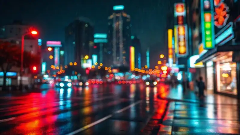 La ciudad nocturna brilla con colores cálidos