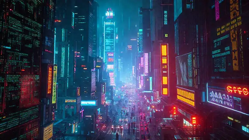 Ciudad cyberpunk digital, vibrante y compleja