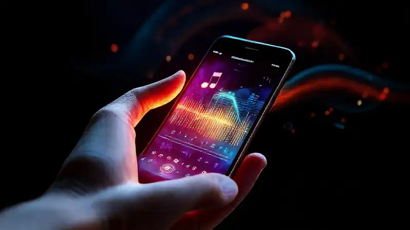 Smartphone futurista con visualización sonora holográfica