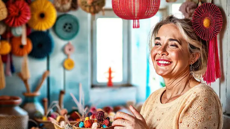 Una mujer sonríe en un espacio sereno