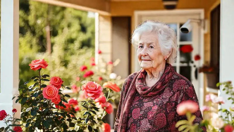 Una anciana cuidaba rosas en paz