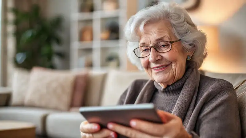 Mujer mayor sonríe en videollamada