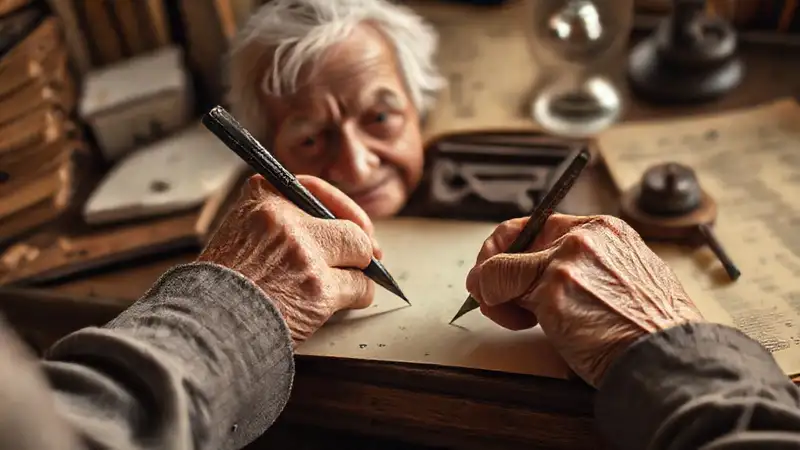 Manos viejas escriben con caligrafía serena