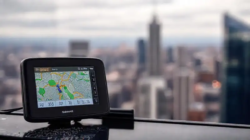 Un dispositivo GPS muestra una ciudad borrosa