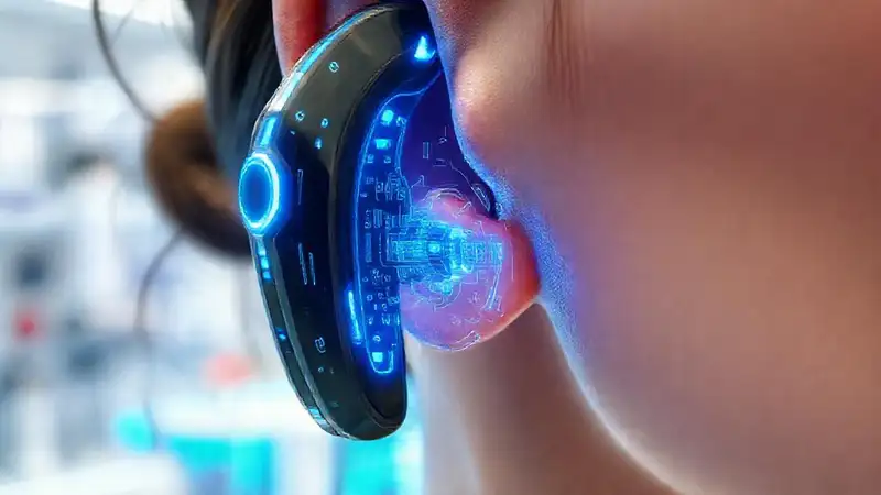 Audífonos futuristas con interfaz holográfica brillante