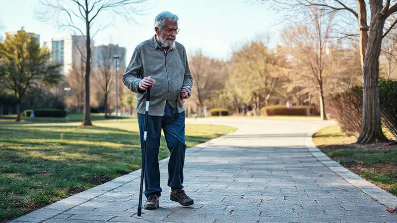Un anciano camina con tranquilidad en el parque