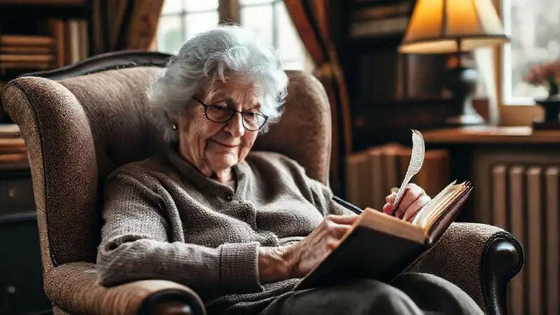 Una anciana escribe con calidez