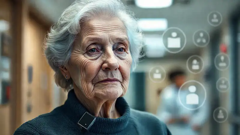 Mujer anciana, brazalete, calma en hospital