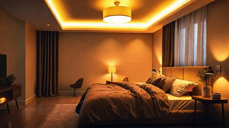 Un dormitorio acogedor, iluminación realista y suave