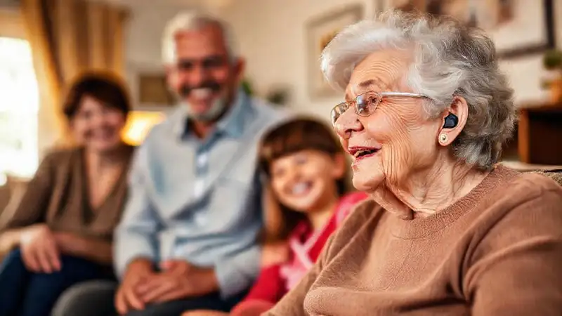 Una anciana sonríe, conectada a su familia