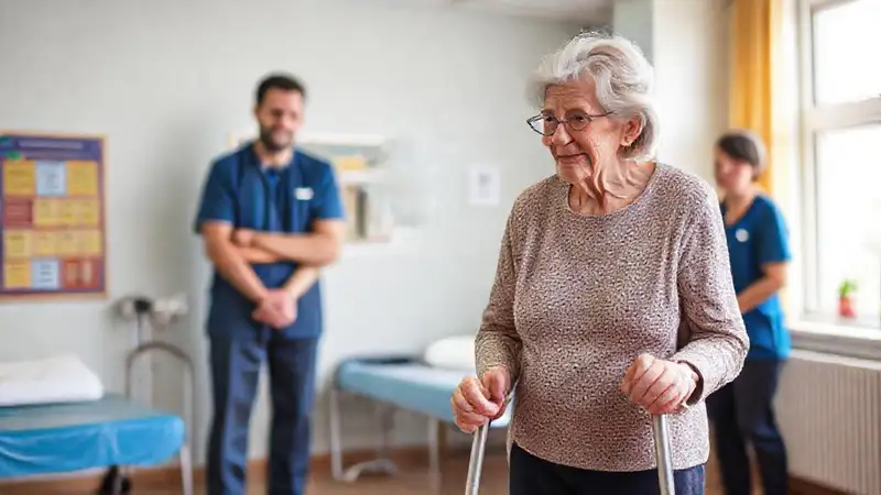 Una anciana se recupera en fisioterapia