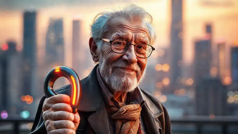 Un anciano usa un bastón futurista brillante