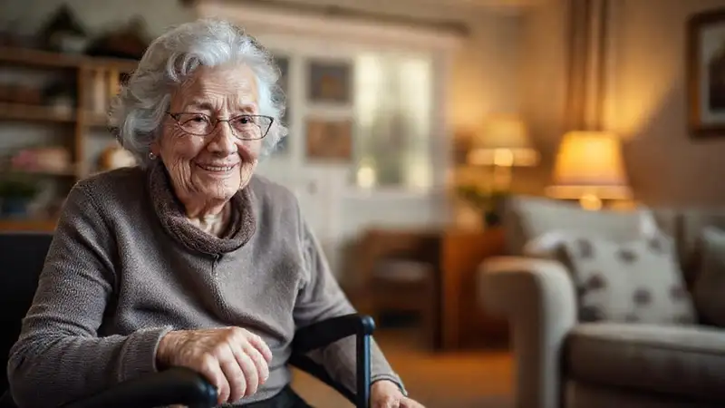 Una anciana feliz vive con comodidad