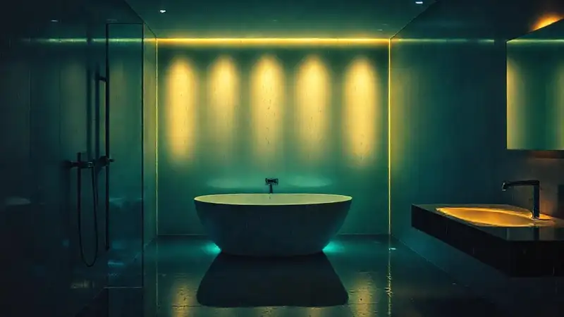 Un baño moderno refleja luz cálida azulada