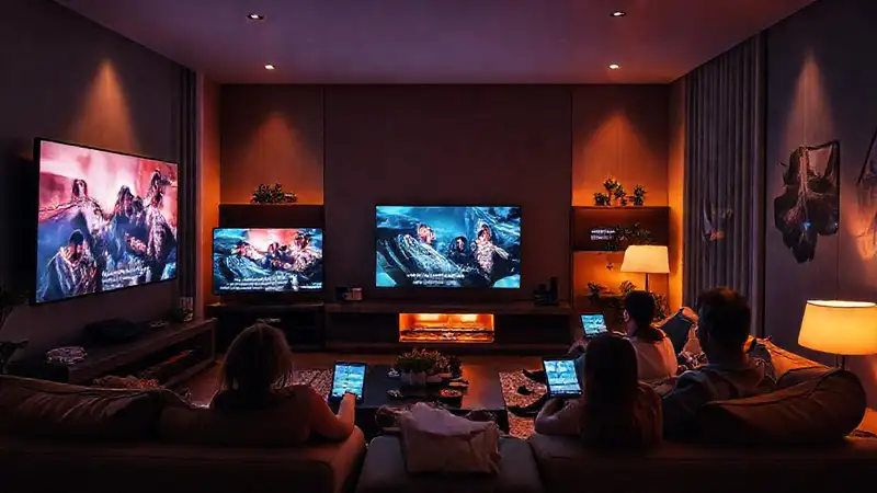 Familia observa un cine en casa