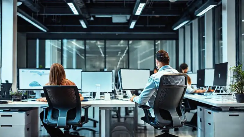 Oficina moderna, gente enfocada, diseño limpio