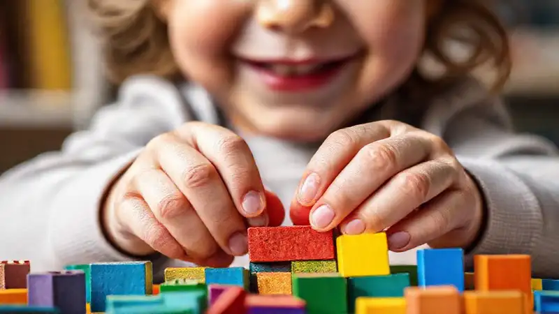 Manos, bloques, niño y luz vibrante