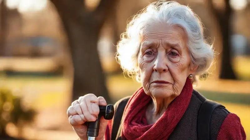 Mujer mayor observa con preocupación al aire libre